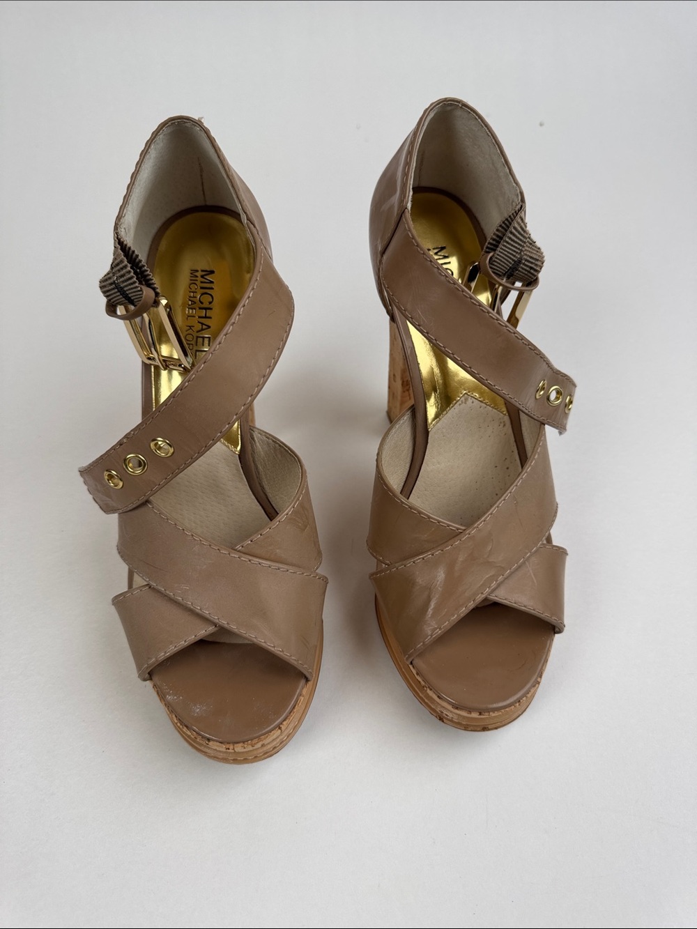 MICHAEL Michael Kors Taupe Crisscross Cork Wedge Sandals